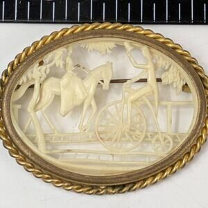 Vtg Depose France Carved Celluloid Brooch Horse & Bicycle Scene Gold Rope Frame